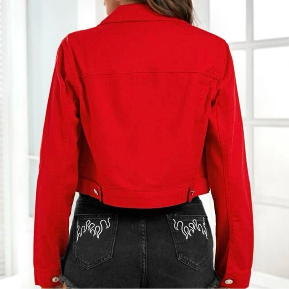 Red Cropped Denim Jacket - Picture 2 of 4